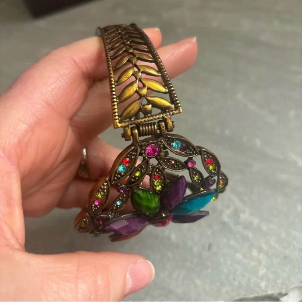 Jewel Flower Hinged Cuff Bracelet Multi-Colored Resin Stones Crystal Rhinestones